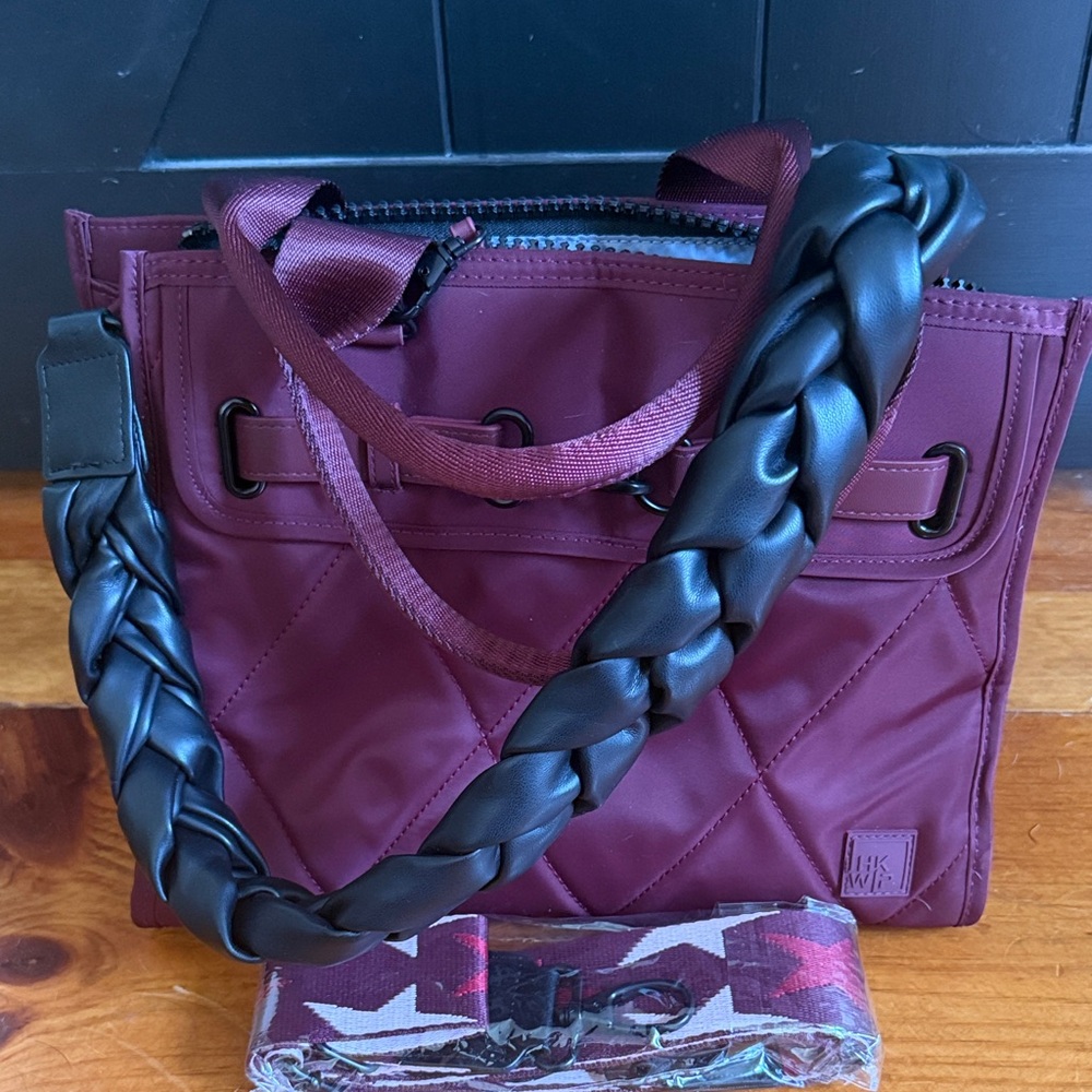Quilted Tote Bag with Braided Strap - Burgundy